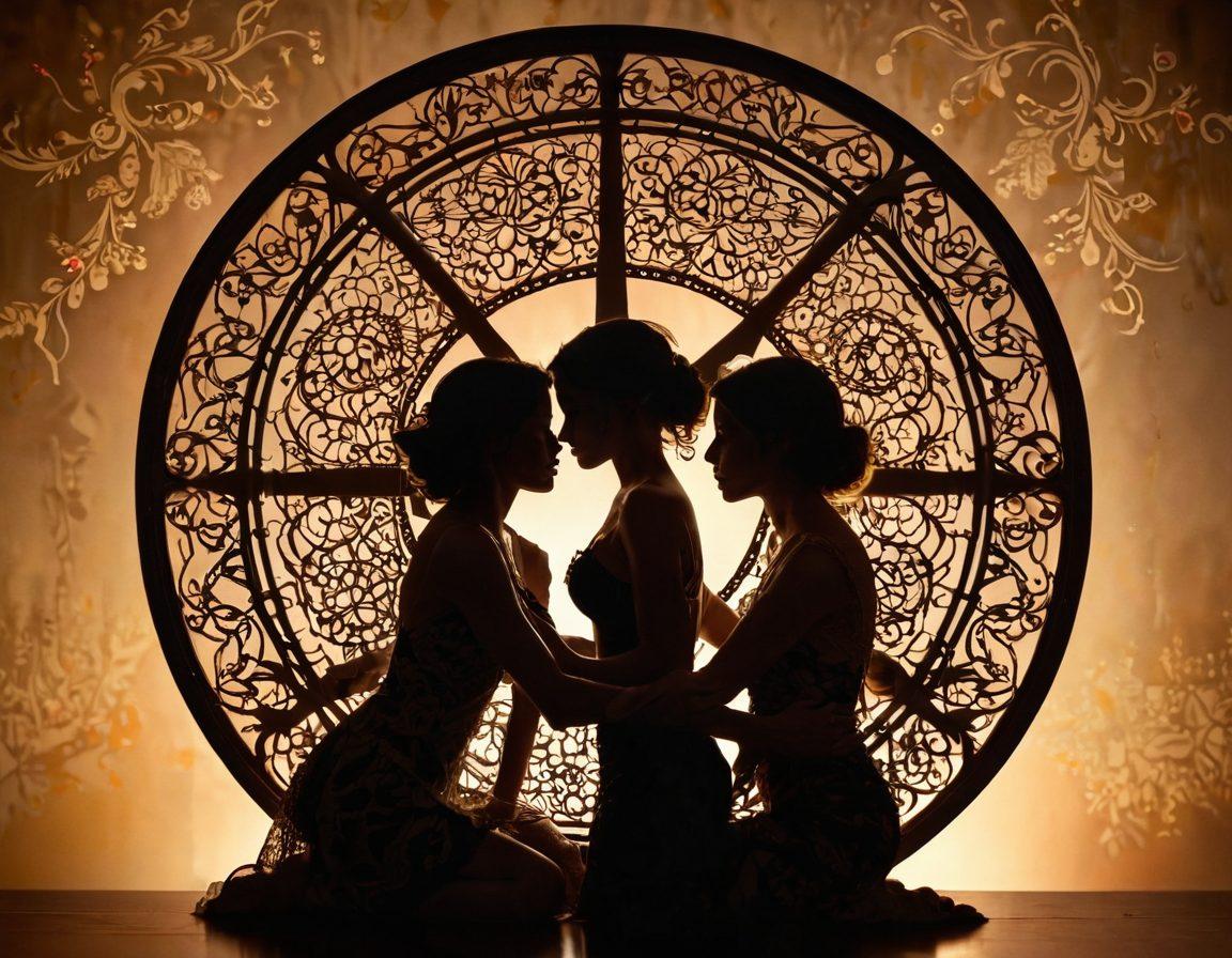 A beautifully crafted vintage film reel spilling over with artistic representations of intimate encounters, featuring abstract silhouettes of diverse couples engaged in sensual poses, surrounded by delicate lace patterns and warm candlelight. The background should emphasize an elegant, moody atmosphere with soft shadows, hinting at the artistic side of adult entertainment. painting. warm tones. soft focus.