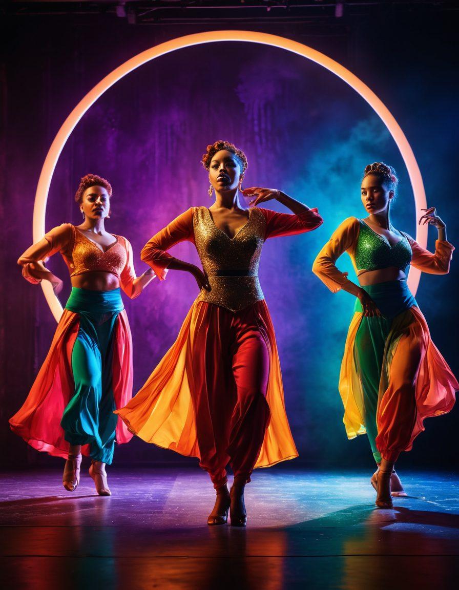 A captivating stage scene featuring a diverse group of female performers in dynamic poses, showcasing their talents through dance and theatrical expressions, with vibrant lighting highlighting their costumes. The backdrop is an abstract blend of colors and shapes, symbolizing creativity and artistry. Elements of femininity and empowerment are woven into the imagery, emphasizing strength and grace. Super-realistic. Vibrant colors. Dynamic lighting.